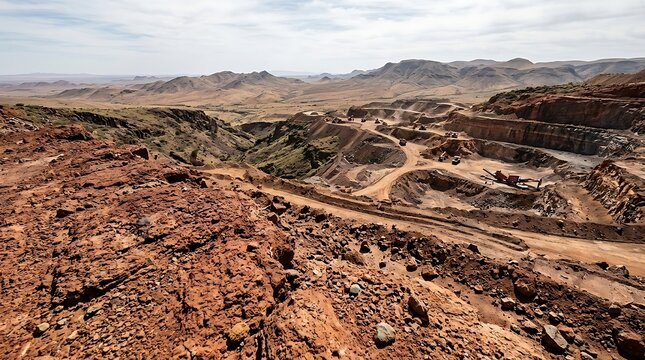 Arid desert landscape with extensive open-pit mine operation under clear sky