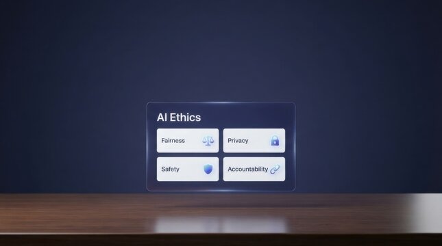 AI Ethics Four Pillar Cards on Floating Glass Panel Over Desk