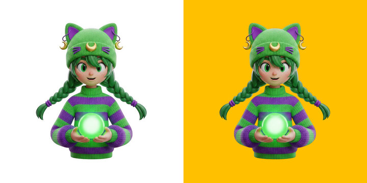 Anime girl with green hair and cat ears hat holding a glowing magic sphere transparent png