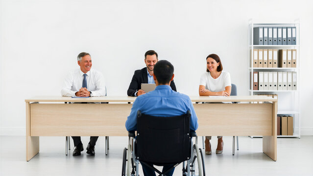 Man in wheelchair at job interview with corporate panel. Recruiters interviewing disabled candidate in bright office. Disability inclusion and equal opportunity concept for HR.