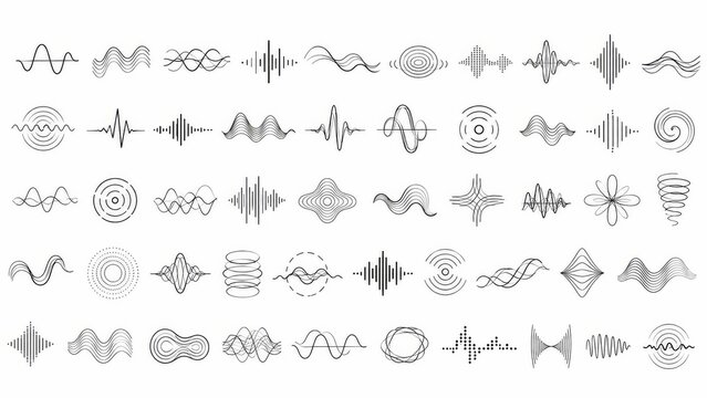 Minimal Sound Wave and Signal Line Icon Collection with Abstract Audio Frequency Symbols on White Background