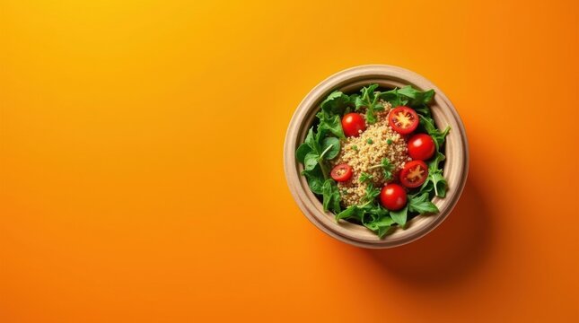 Vista cenital de una ensalada fresca de quinua con tomates cherry y hojas de r&uacute;cula picante, en un recipiente elegante, ecol&oacute;gico y reciclable