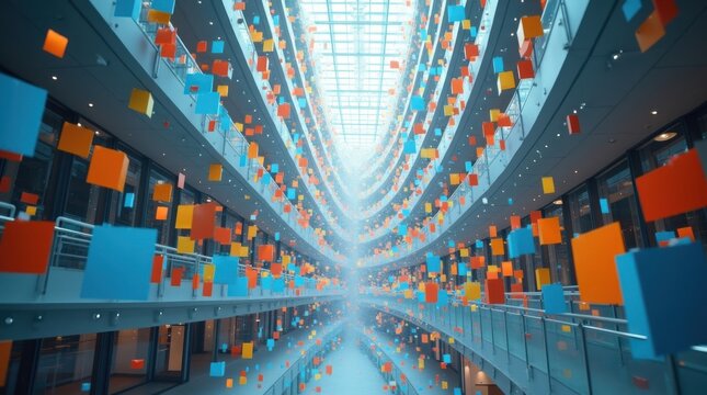 Miles de coloridas carpetas digitales suspendidas a diferentes profundidades dentro de un atrio de arquitectura moderna