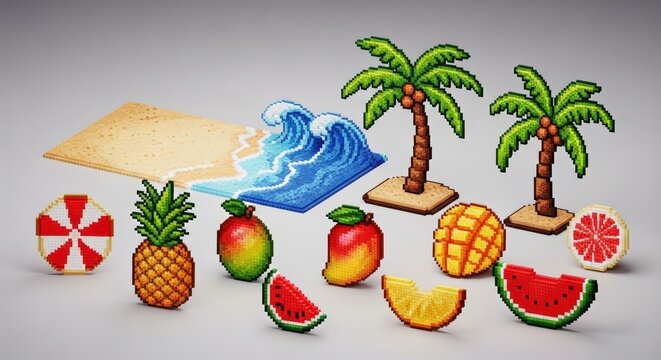 A collection of tropical beach-themed pixel art objects including palm trees, waves, and various fruits.