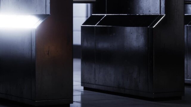 Metal structures stand in a dark space with a soft light reflecting off the surfaces. The area suggests an urban design, typical of a city environment at night.