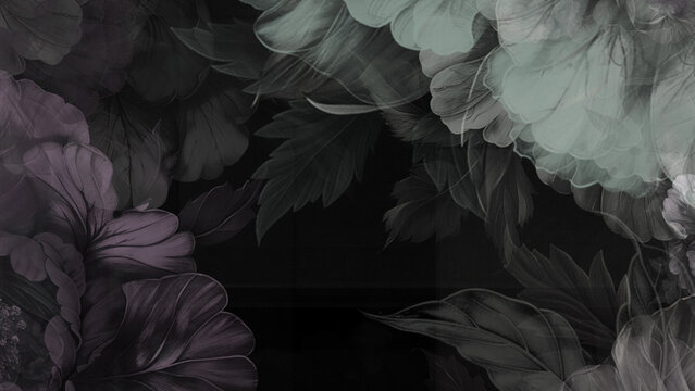 Dark Floral Background with Transparent Peony Flowers