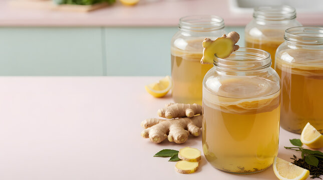 Brewing kombucha in glass jars with SCOBY, fresh ginger, and lemon slices on a clean kitchen counter