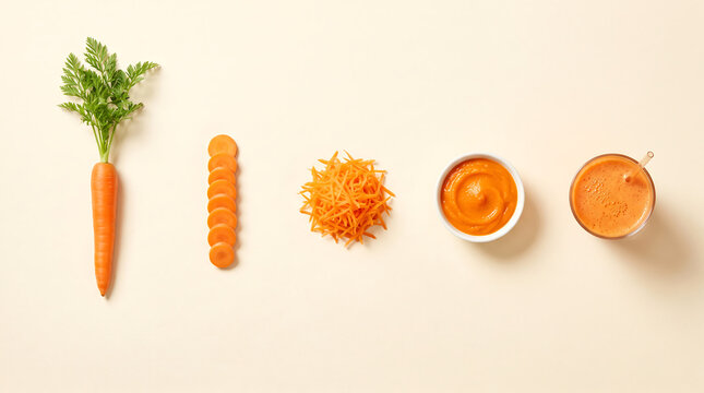 Preparation stages of fresh orange carrot featuring whole root with greens sliced rounds shredded pieces puree bowl and fresh juice glass studio line layout concept
