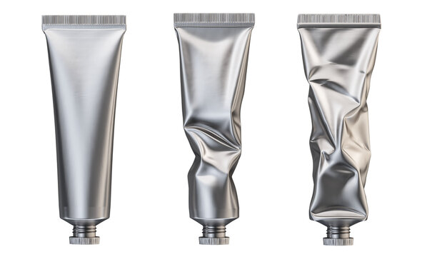 Aluminum squeeze tubes, blank cosmetic or toothpaste packaging containers in metallic silver, empty and crumpled, isolated on transparent PNG background. Sustainable eco package design, copy space