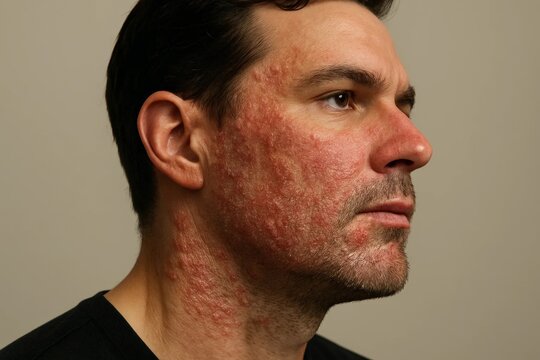 Profile portrait of man with red irritated facial and neck skin, dermatitis or allergic reaction concept on plain background.