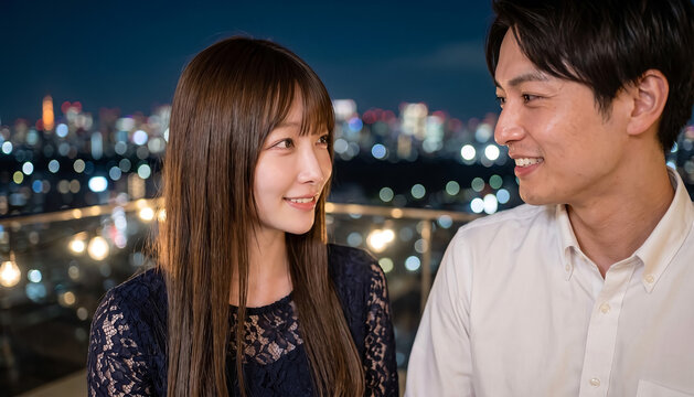 Young Japanese couple on a rooftop date at night enjoying the romantic city skyline view with bokeh lights and warm atmosphere