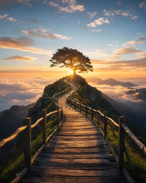 Wooden mountain path leading to solitary tree at sunrise