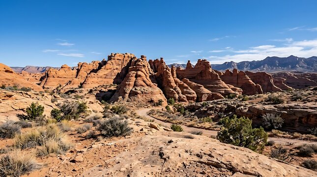 Arid desert landscape with sandstone rock formations under a clear blue sky