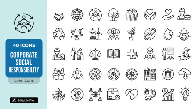 Corporate Social Responsibility line icons, set of 40 CSR vector symbols for business ethics and sustainability, professional ESG outline icons for reports