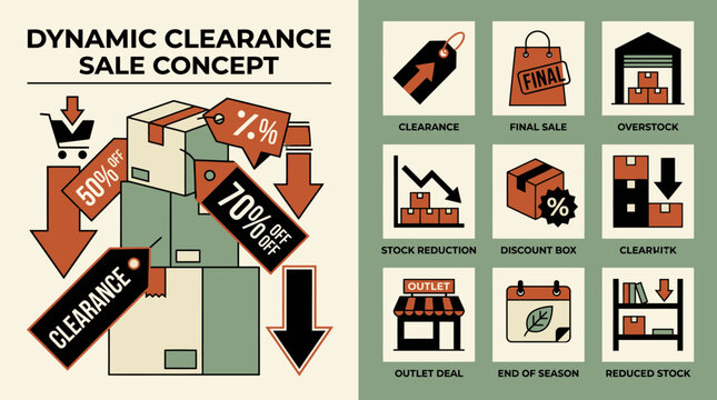 Collection of retail clearance icons and flat vector shopping symbols for price reduction, inventory overstock and seasonal sale