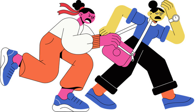Illustration of a woman chasing another woman who is grabbing her bag, representing crime and urgency