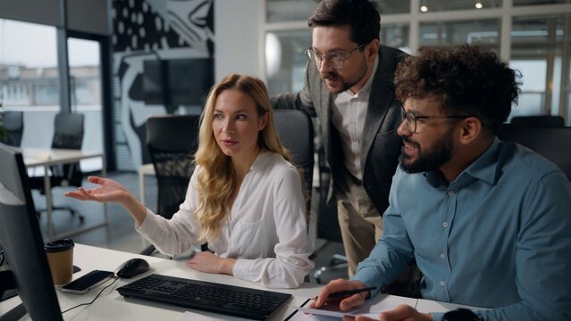 Three troubled stressed multiethnic business office colleagues looking in laptop talking arguing discuss problem failure online work diversity coworkers talking difficulty working with computer paper