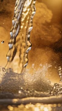 Vertical video: Pouring clear stream issuing from top, forming foam crown in pool, golden mist