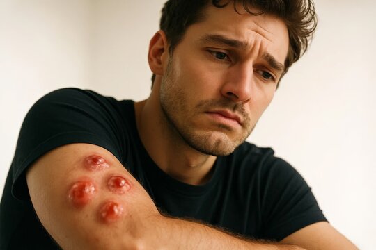 Concerned young man examining inflamed red bumps on his arm, skin irritation and health problem concept on neutral background.
