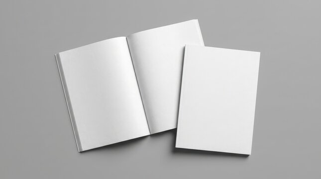 Three blank white open and closed books on a plain gray background.