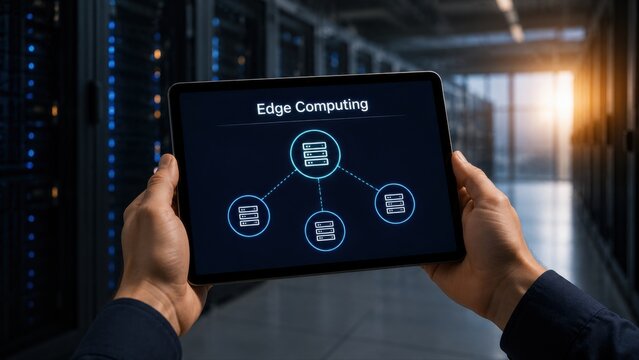 Hands Holding Tablet With Edge Computing Server Node Diagram