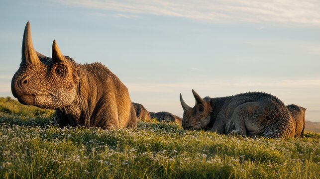 Two pachyrhinosaurus adults resting on flowering arctic plain at sunset for prehistoric nature background and poster banner