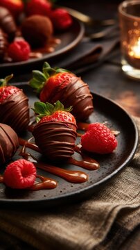 Closeup chocolate dipped strawberries with raspberries on plate
