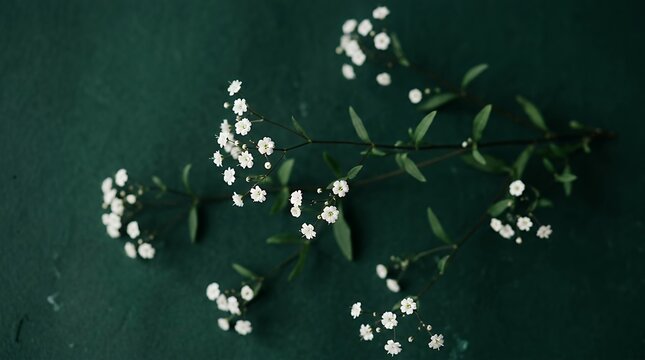 Tiny white blossoms resting against a deep dark emerald backdrop minimalist botanical arrangement with delicate flora and natural contrast background small white flowers dark green background floral