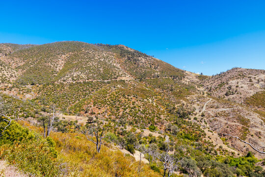 Winding dirt road up dry chaparral hills in Sierra Nevada foothills California