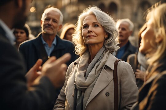 Elegant mature woman listening to tour guide with group of travelers on sunny city sightseeing walk.
