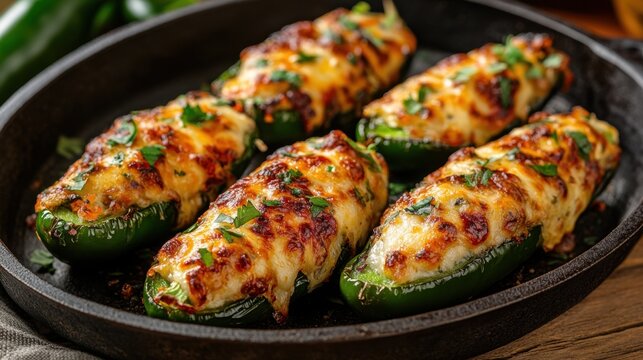 Cheesy stuffed jalape&ntilde;os with herbs in a cast iron skillet