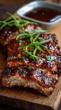 Delicious grilled barbecue pork ribs served with fresh herbs for a savory meal