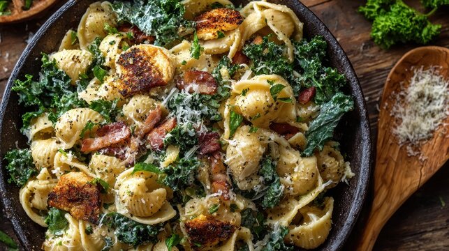 Delicious creamy pasta with kale and crispy bacon in rustic setting