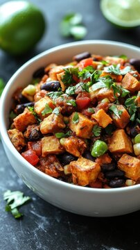 Delicious vegan mexican bowl with tofu, black beans, and fresh vegetables