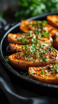 Roasted sweet potato wedges with herbs and spices in cast iron skillet for gourmet cooking