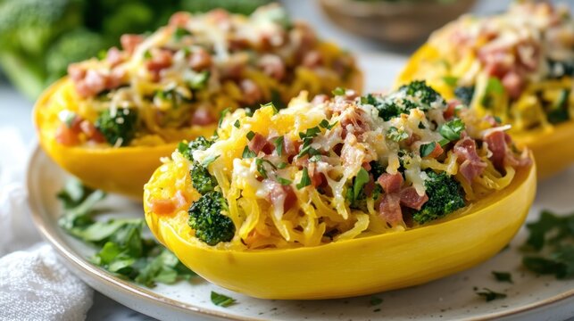 Spaghetti squash halves topped with broccoli and diced ham