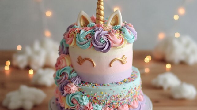 Pastel unicorn two tier birthday cake with gold horn and cascading buttercream swirls for kids party invitation banner and dessert display