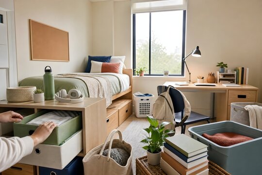 Organized student dorm room with bed and study desk