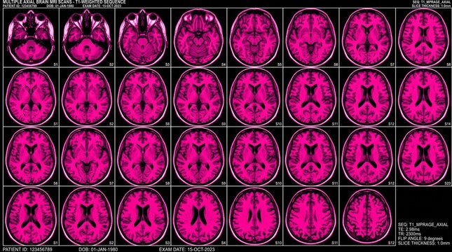 Pink axial brain MRI scan grid medical T1 weighted sequences