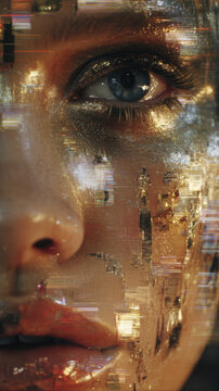 Fashion model face merged with chrome metallic elements, glitching effects, digital transformation with distorted background, uncanny beauty