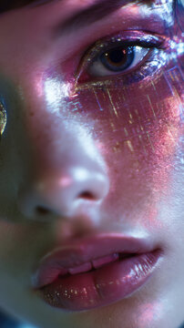 Fashion model face melting into chrome with glitching makeup, digital eyes and distorted background, futuristic uncanny beauty concept