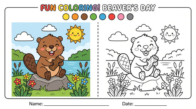 Fun coloring beaver's day activity sheet, cute beaver cartoon coloring page for kids, educational animal worksheet with color guide