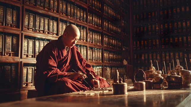 studying ancient manuscripts inside a centuries old temple library, warm golden light, spiritual and educational heritage