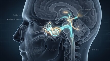 Medical Illustration of Human Auditory System and Hearing Pathway © Boss