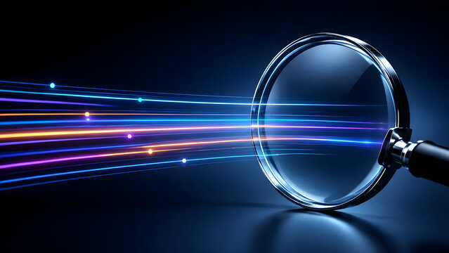 Magnifying glass focusing on glowing digital light streams representing data analysis internet network inspection and cyber security research.