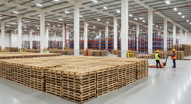 Rows of stacked wooden pallets in a large, modern warehouse with workers operating a pallet jack