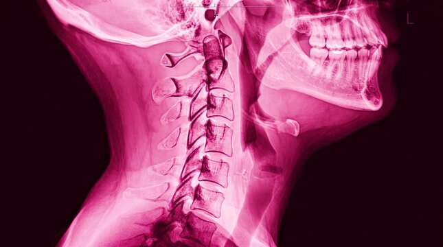 Magenta Lateral Cervical Spine X-ray of Human Neck and Jaw