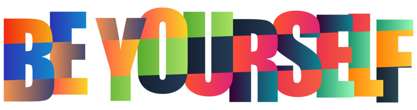 Colorful 3D letters spelling be yourself on a bright gradient background