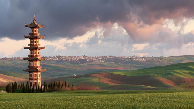 standing above rolling green hills under dramatic clouds, spiritual landmark, cultural heritage landscape photography