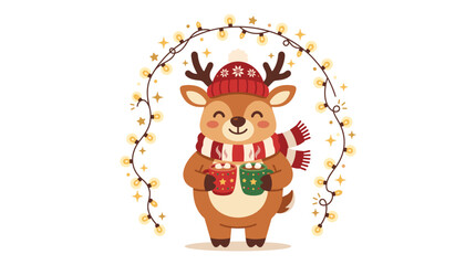 Fototapeta premium Cute cartoon reindeer wearing a hat and scarf holding hot chocolate mugs surrounded by festive string lights